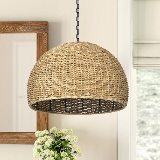 Natural Bowl Grey Wicker Pendant Light
