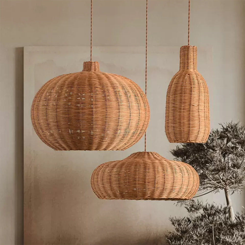 Set 3 Vintage Small Rattan Pendant Light Fixtures