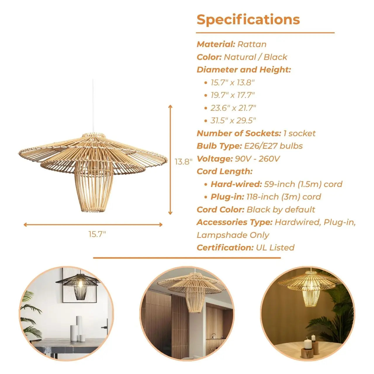 24 Inch Boho Rattan Pendant Light's specifications