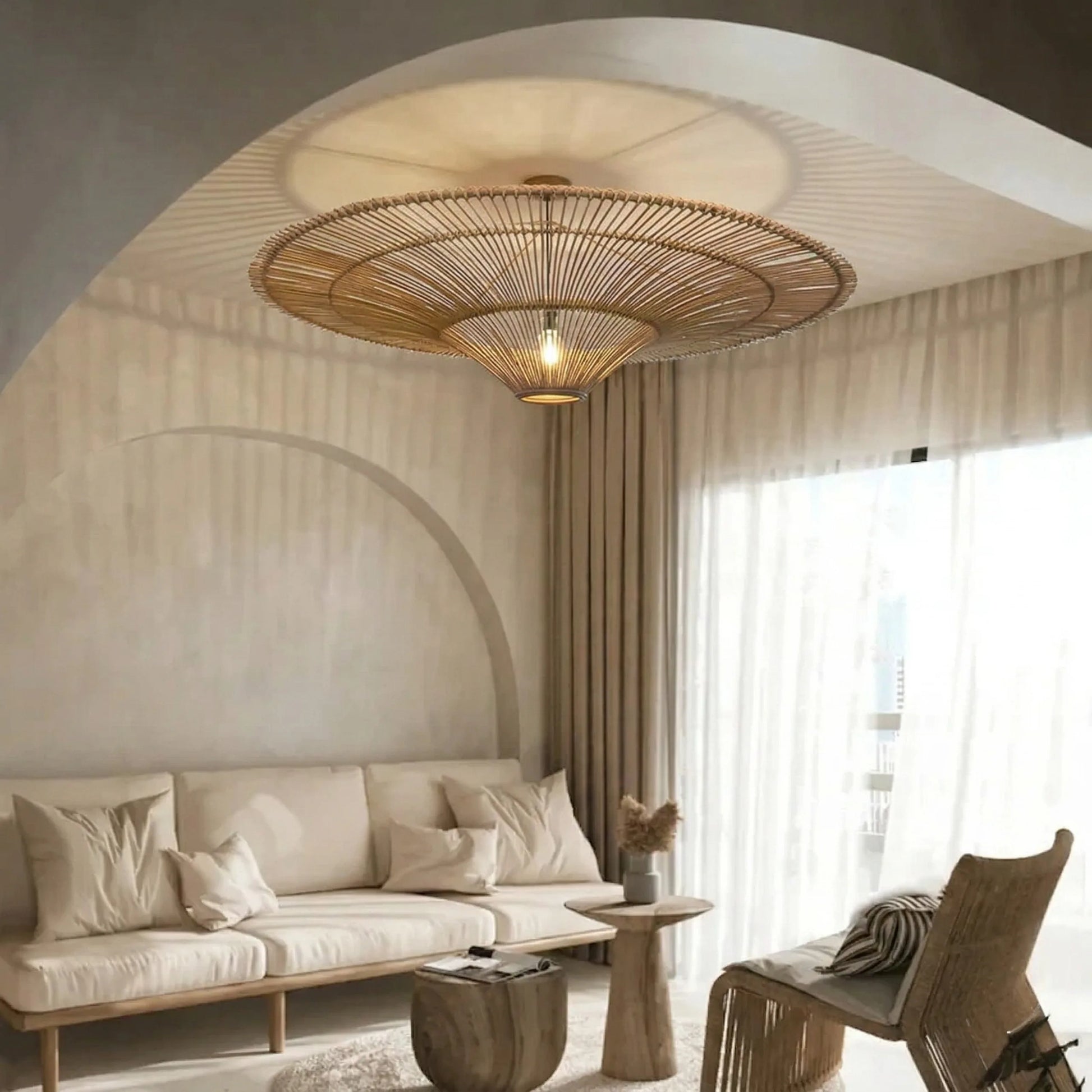 Oversized Junita Rattan Ceiling Light over Wabi Sabi Living Space