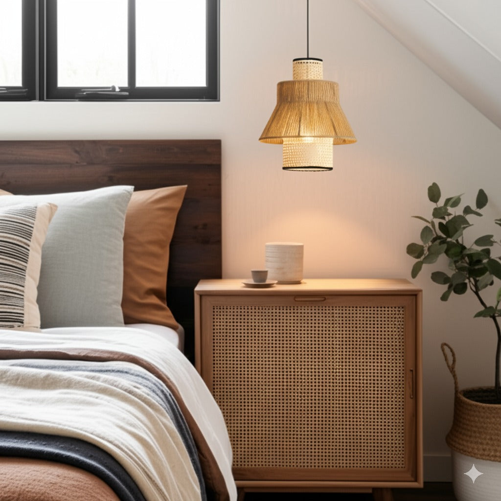 Double-Tiered Natural Rattan Bedside Pendant Light