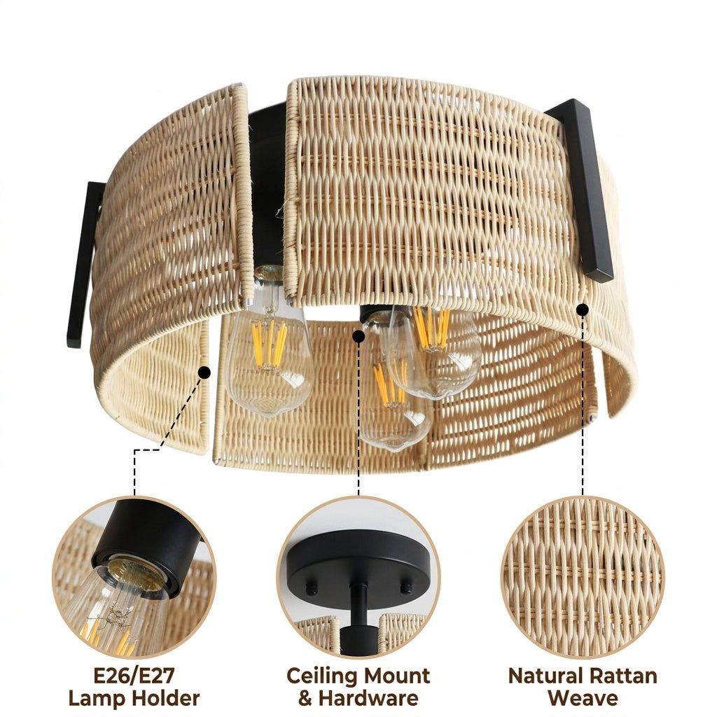 3-Light Grove Rattan Drum Flush Mount with dense horizontal wicker weave, natural matte finish, semi-flush ceiling mount, three E26 sockets for warm ambient light