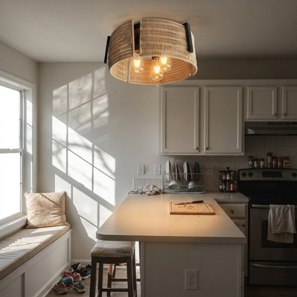 Grove Rattan Drum Flush Mount over kitchen island, drums spaced evenly for consistent woven light output across the prep counter surface