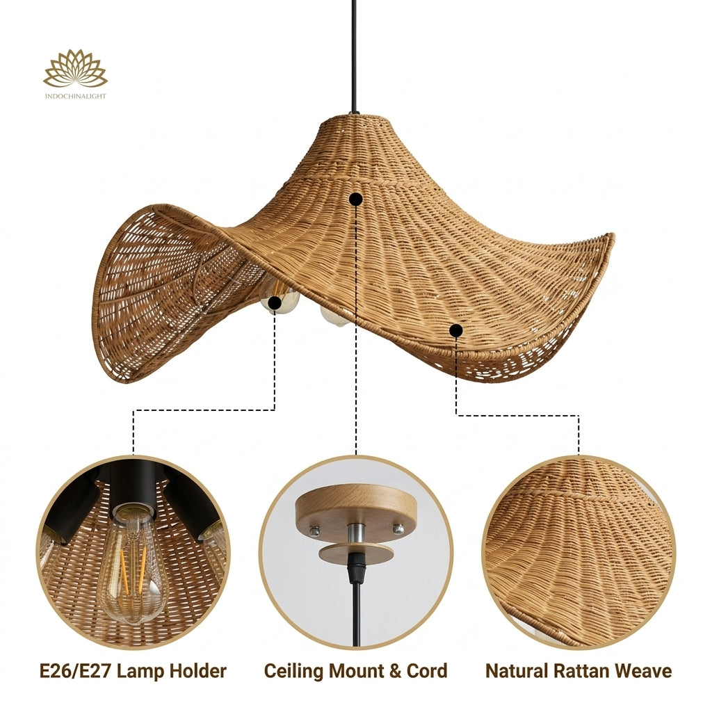 3-Light Selma Rattan Pendant Light with open wave-form woven lattice, natural matte finish, adjustable suspension mount, three E26 sockets casting rippling ambient shadows
