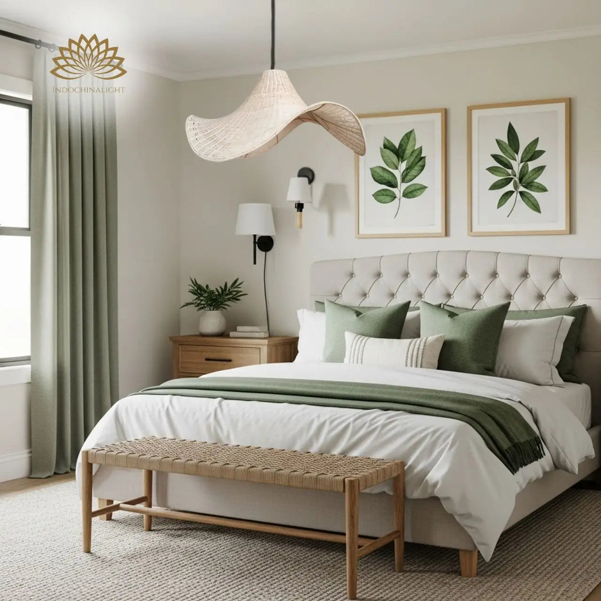 Selma Rattan Pendant Light in bedroom, shade hung at reading height beside the nightstand with handwoven wave softening the glow for evenings