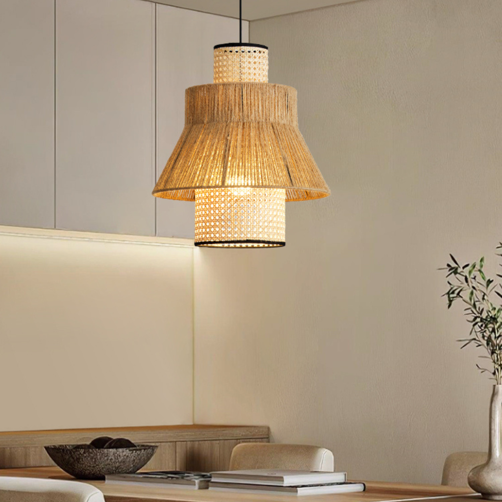 Double-Tiered Natural Rattan Bedside Pendant Light