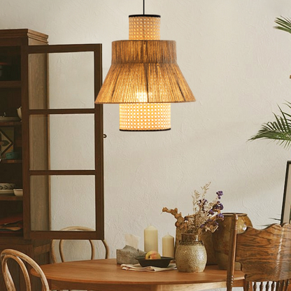 Double-Tiered Natural Rattan Bedside Pendant Light