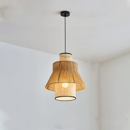 Double-Tiered Natural Rattan Bedside Pendant Light