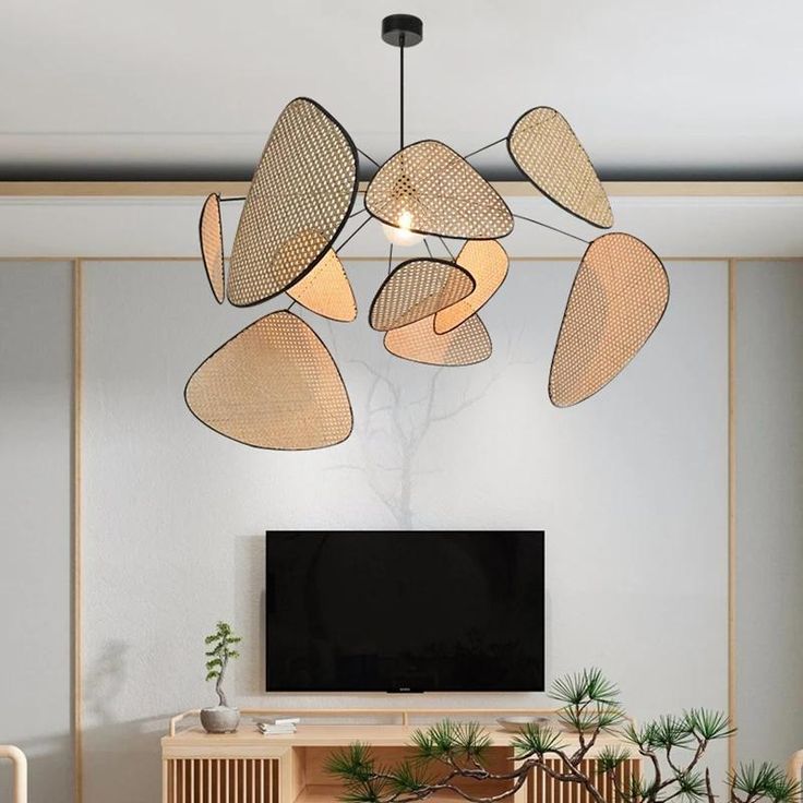 Extra Large Rattan Screen Cannage Suspension Pendant Light in living room