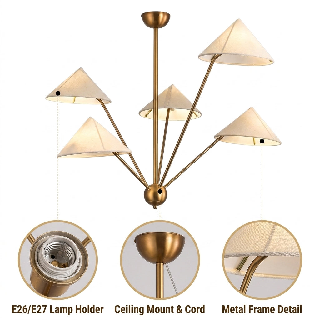5 Arm Wabi Sabi Cone Fabric Ceiling Light with five tapered cone shades, white matte fabric and metal finish, adjustable suspension mount, warm ambient glow