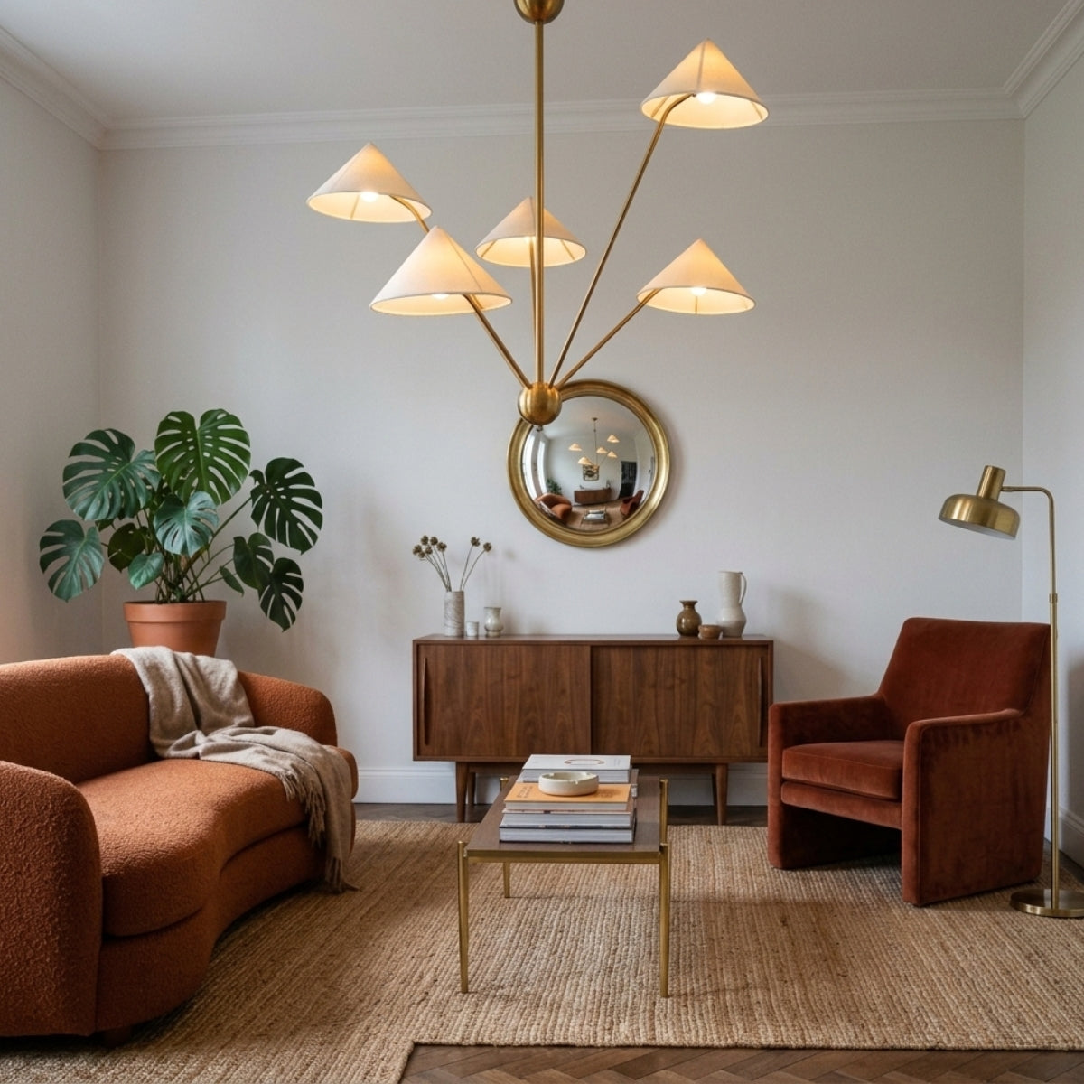 Wabi Sabi Cone Fabric Ceiling Light in living room, oversized five-arm cluster anchoring the seating area with vertical clearance above the sofa line