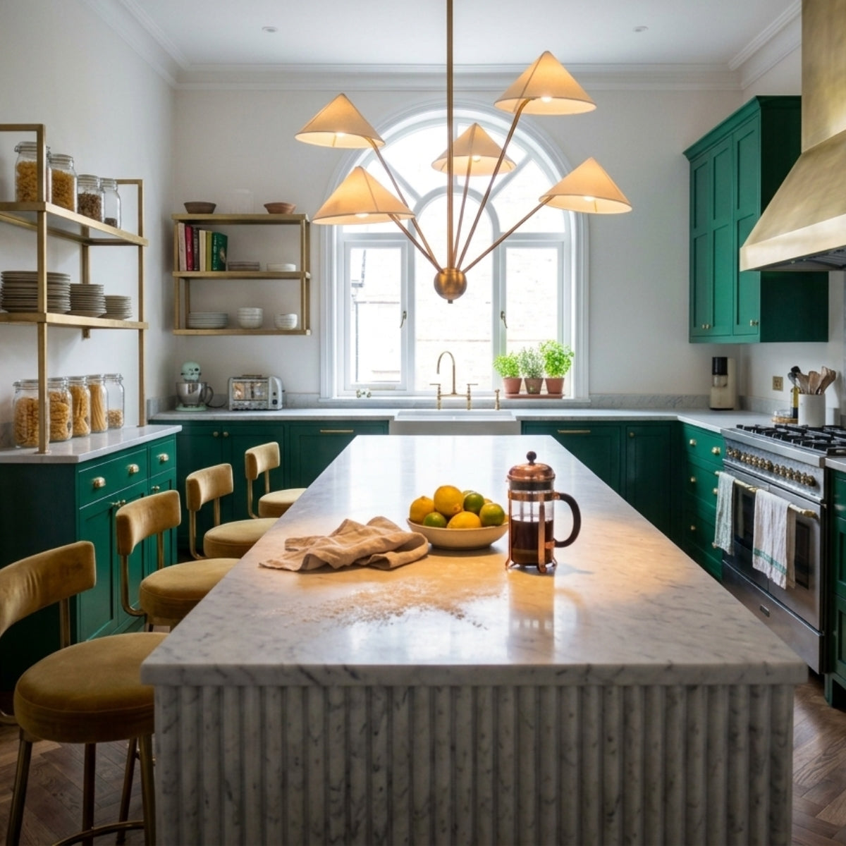 5 Arm Wabi Sabi Cone Fabric Ceiling Light over kitchen island, brushed brass arms with five cream cone shades spread above a fluted marble island and emerald cabinetry