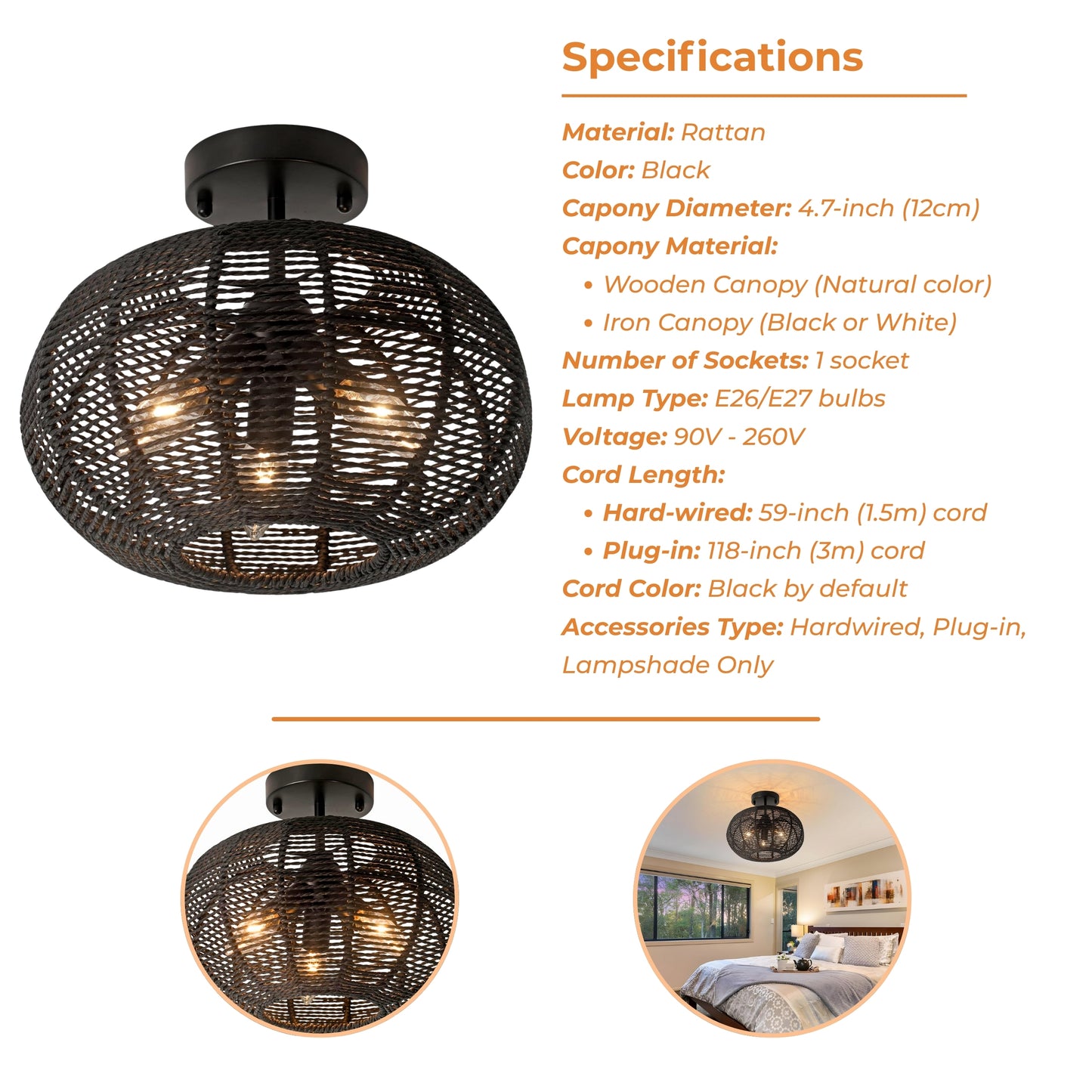 Cashmere 3 Lights Boho Black Rattan Ceiling Light