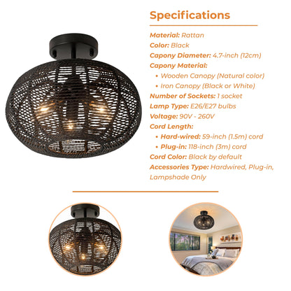 Cashmere 3 Lights Boho Black Rattan Ceiling Light