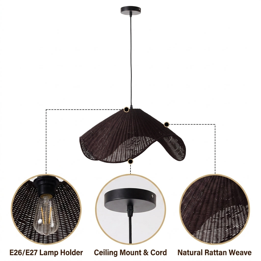 Adaya Black Wicker Rattan Pendant Light with dense wave-curved wicker weave, black matte finish, adjustable suspension mount, single E26 socket casting rippling shadow patterns