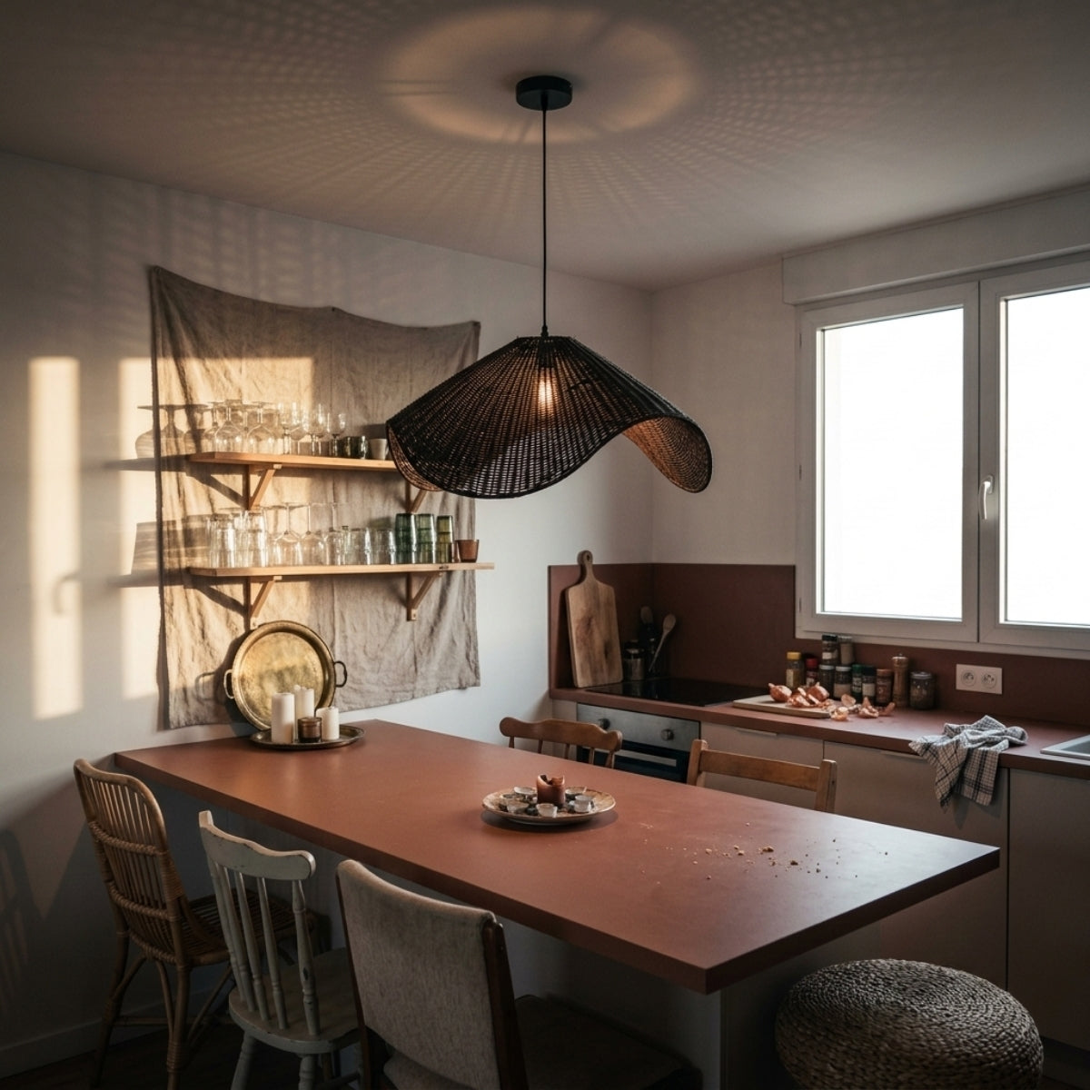 Adaya Black Wicker Rattan Pendant Light over kitchen island, clustered shades spanning the counter with each dome centered over its own work section