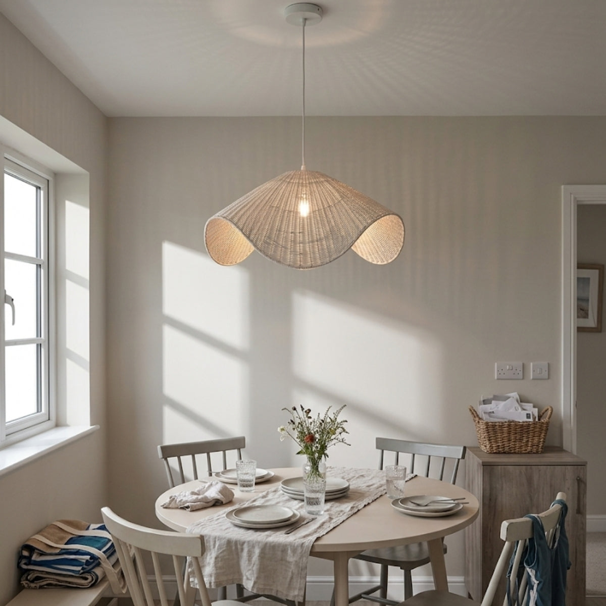Adaya White Wicker Rattan Pendant Light in dining room, large wave shade spreading light across the whole table surface without glare at eye level