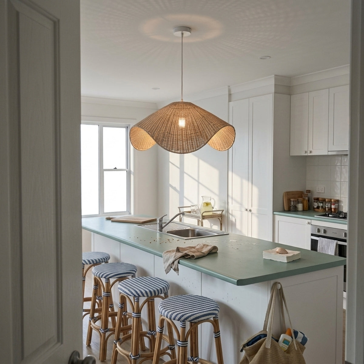 Adaya White Wicker Rattan Pendant Light over kitchen island, clustered small shades pooling even light over the work surface without blocking sightlines