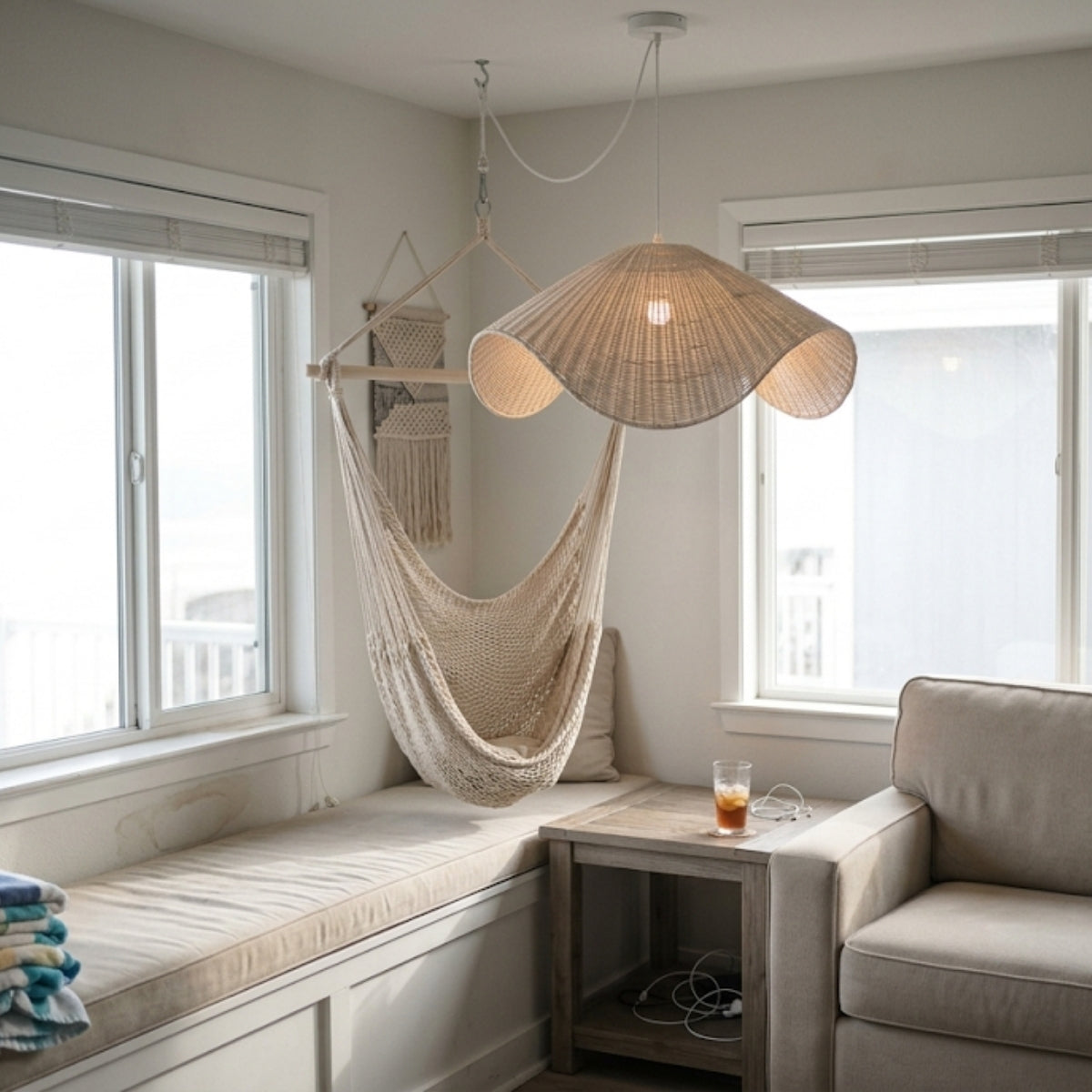 Adaya White Wicker Rattan Pendant Light in living room, large shade anchoring the seating area with wave weave casting soft ambient light on the walls