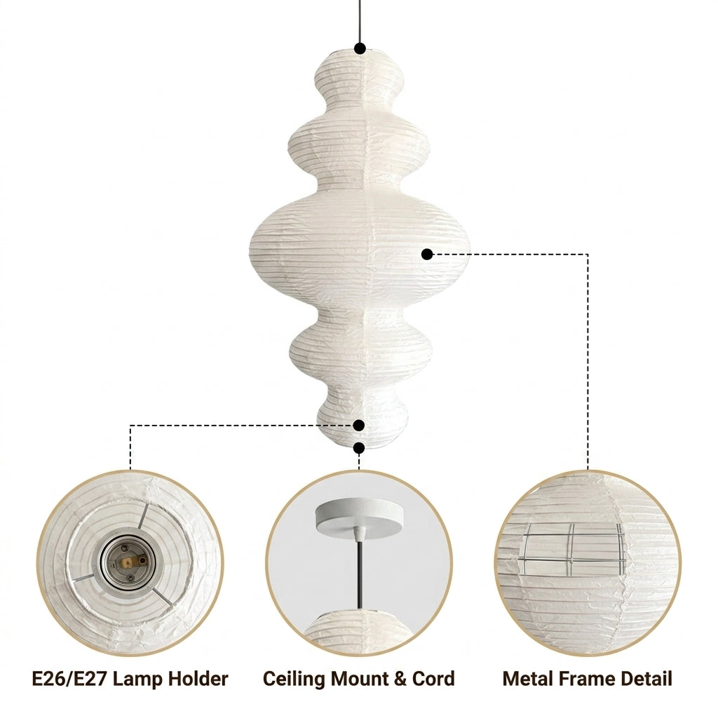 Akari Juni Wabi Sabi Paper Pendant Light with pleated white rice paper over ribbed metal frame, adjustable suspension mount, single E26 socket, glare-free ambient glow