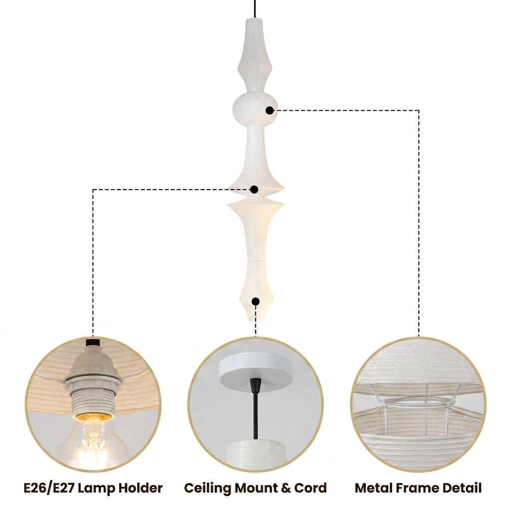 Akari Wabi Sabi Paper Pendant Light with ribbed metal frame wrapped in rice paper, white matte finish, adjustable suspension mount, single E26 socket, soothing vertical glow