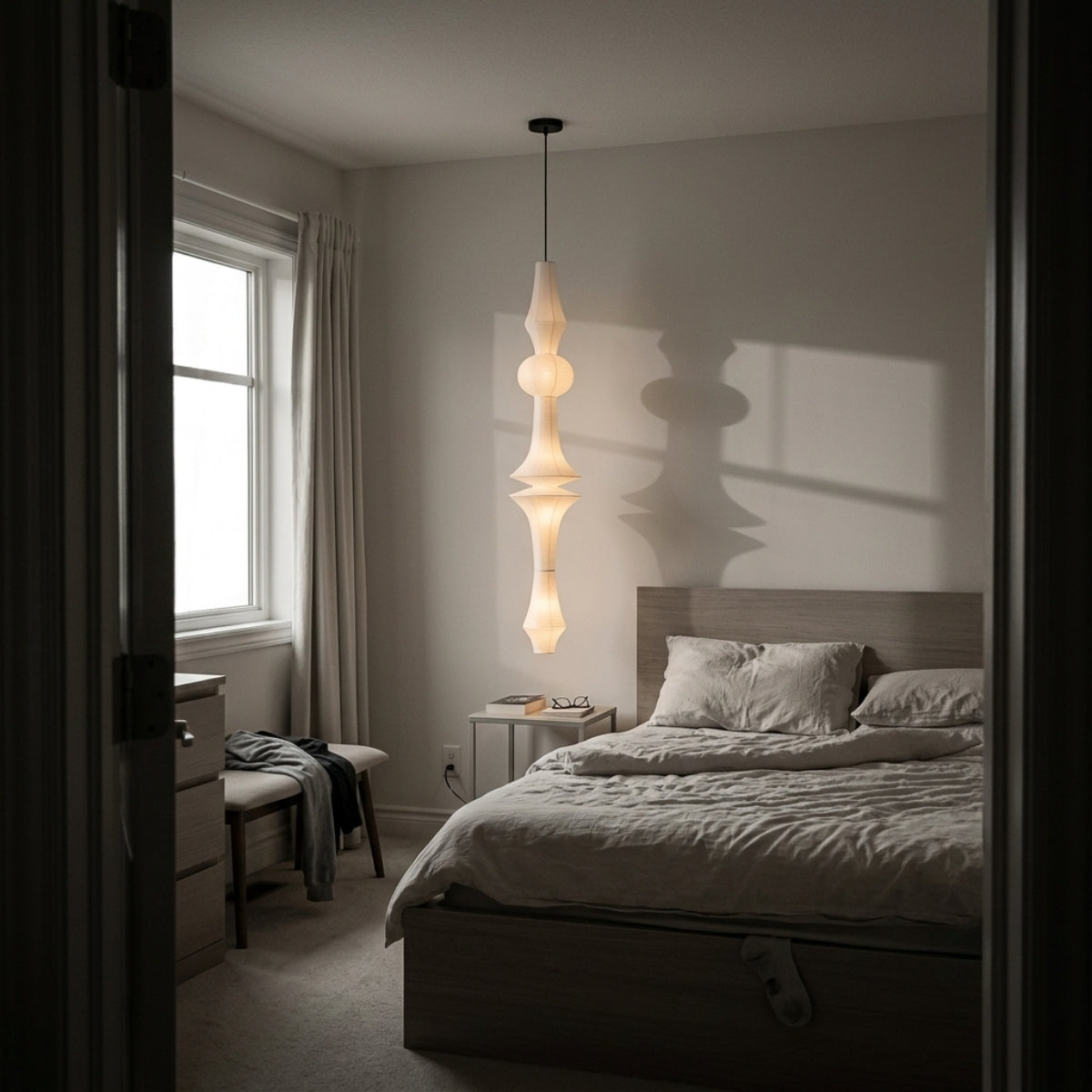 Akari Wabi Sabi Paper Pendant Light in bedroom, slim column shade beside the headboard glowing softly for late reading without crowding the nightstand