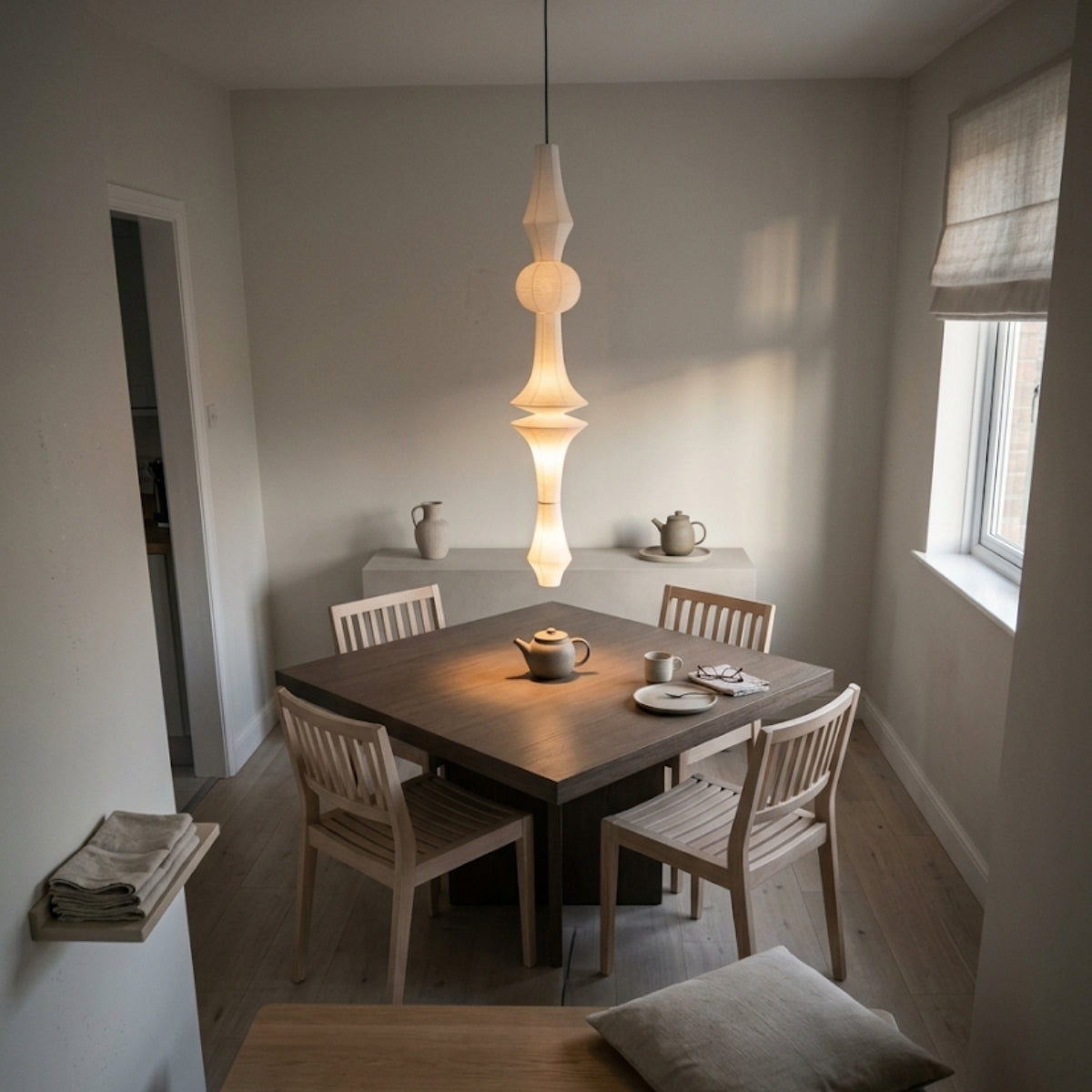 Akari Wabi Sabi Paper Pendant Light in dining room, narrow column shade centered over the table spreading light evenly without blocking sightlines