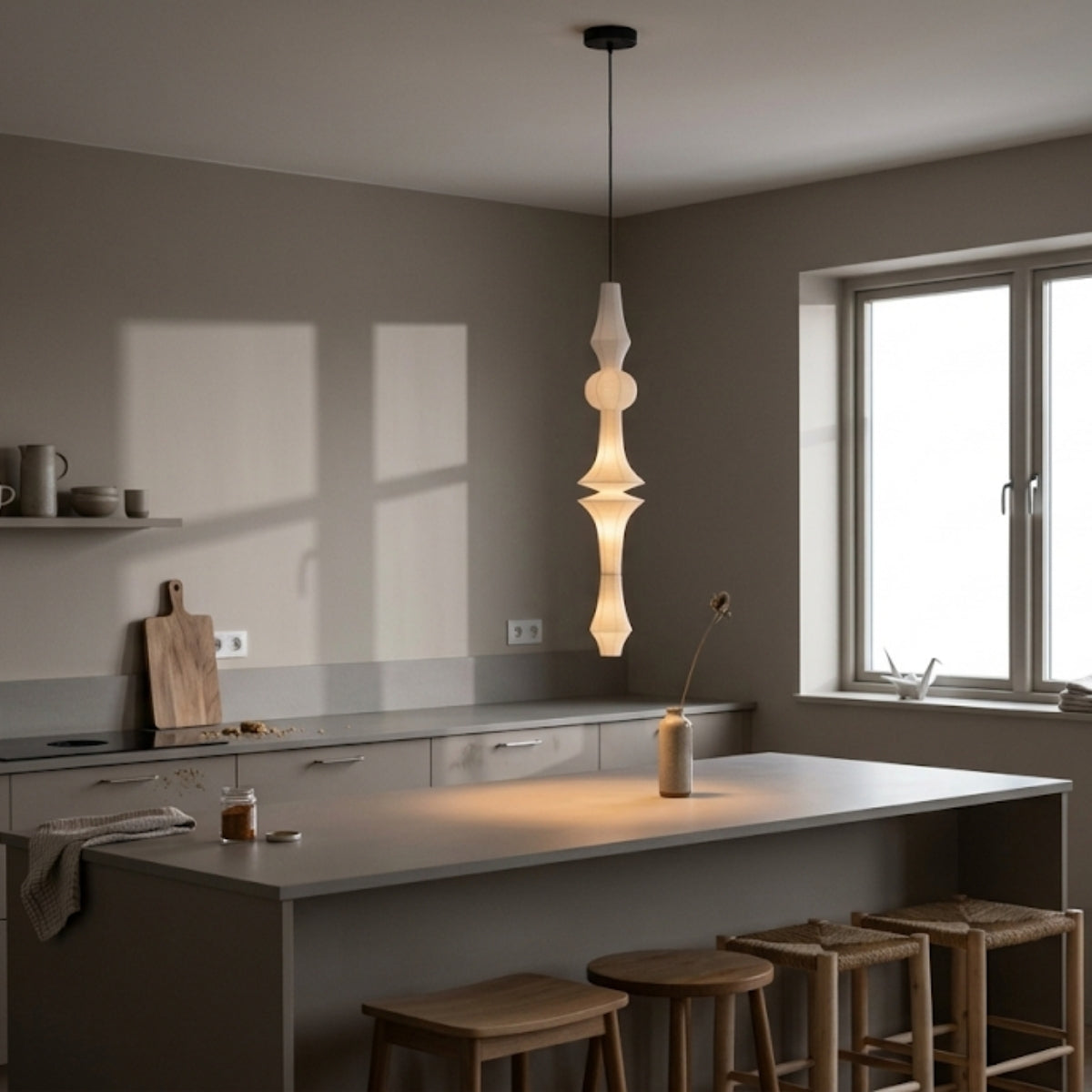 Akari Wabi Sabi Paper Pendant Light over kitchen island, paired tall shades spaced evenly keeping the counter bright without shadows from the fixture itself