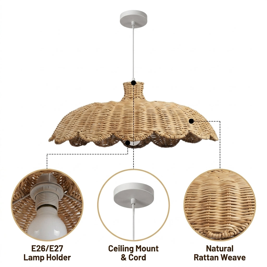 Alice Boho Scallop Rattan Pendant Light with open-lattice weave and scalloped edge, natural matte finish, adjustable suspension mount, single E26 socket, dappled filtered light