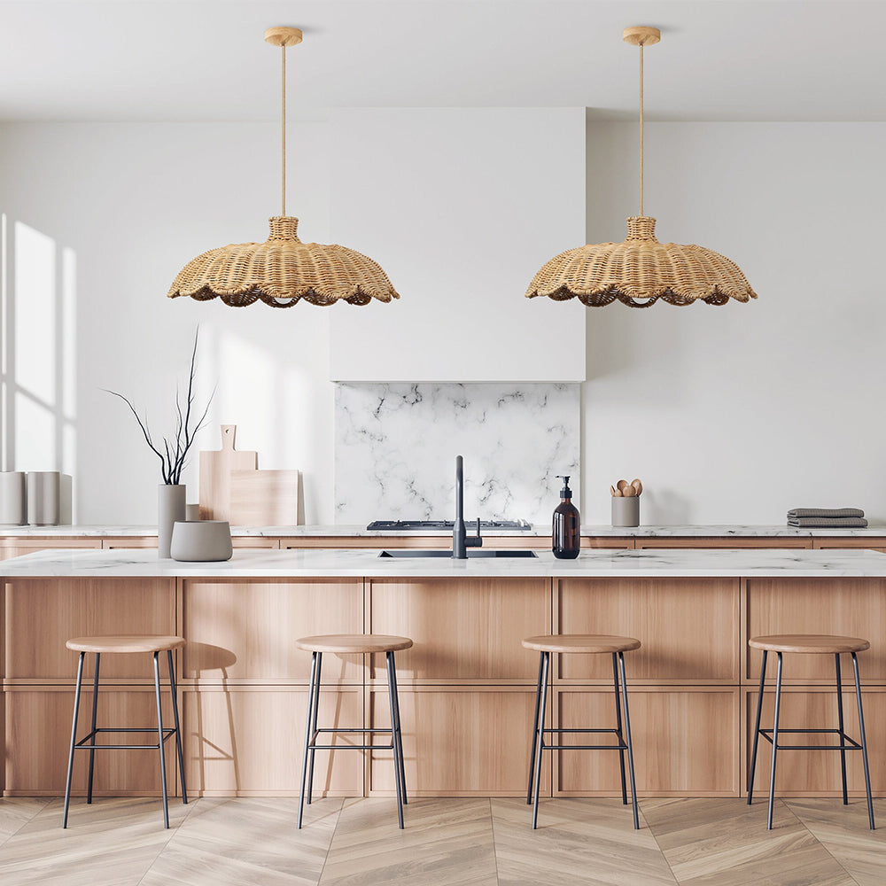 Alice Boho Scallop Rattan Pendant Light over kitchen island, clustered small domes keeping even task light across the counter without overpowering the workspace