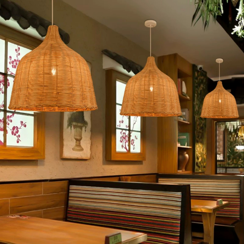 Allen and Roth Bell Wicker Rattan Pendant Light in restaurant