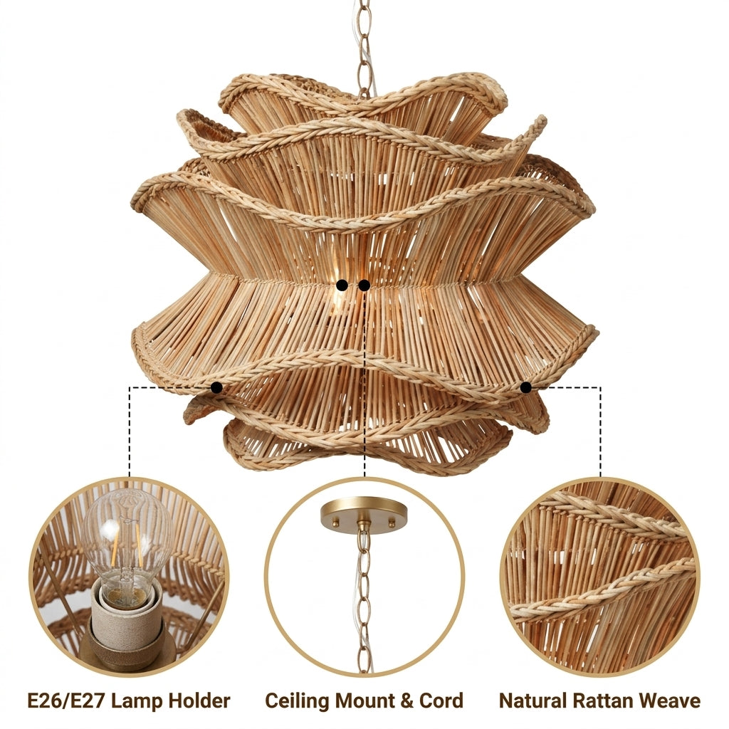 Alondra Rattan Wave Pendant Light with undulating open-weave rattan strips, natural or white matte finish, adjustable suspension mount, five E26 sockets, rippling shadow patterns