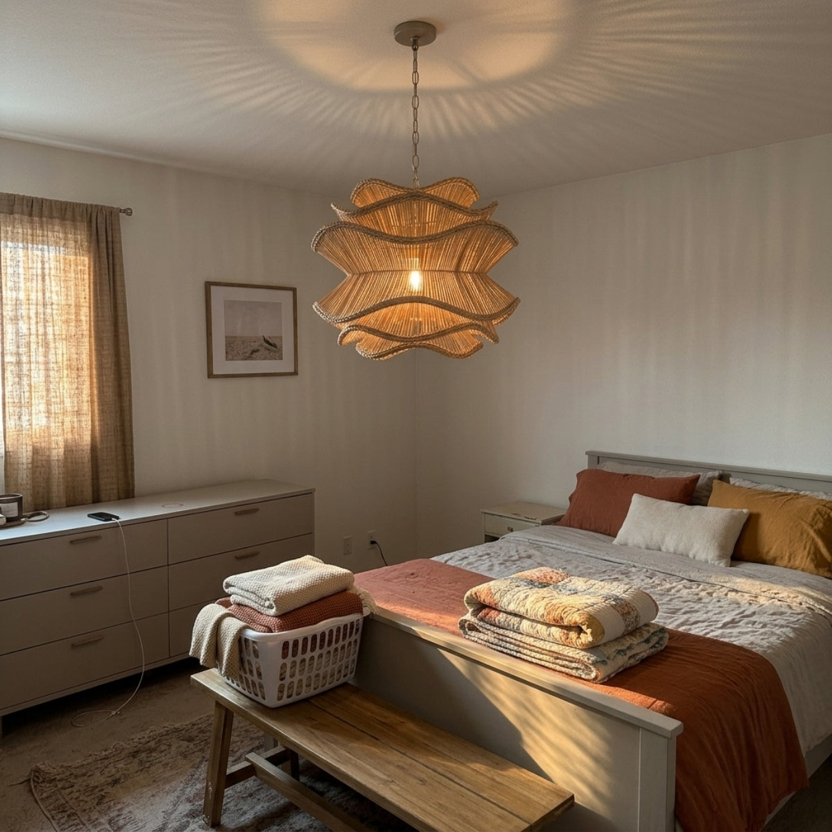 Alondra Rattan Wave Pendant Light in bedroom, mini shade replacing a bedside lamp with dappled wave glow kept low and out of the sightline