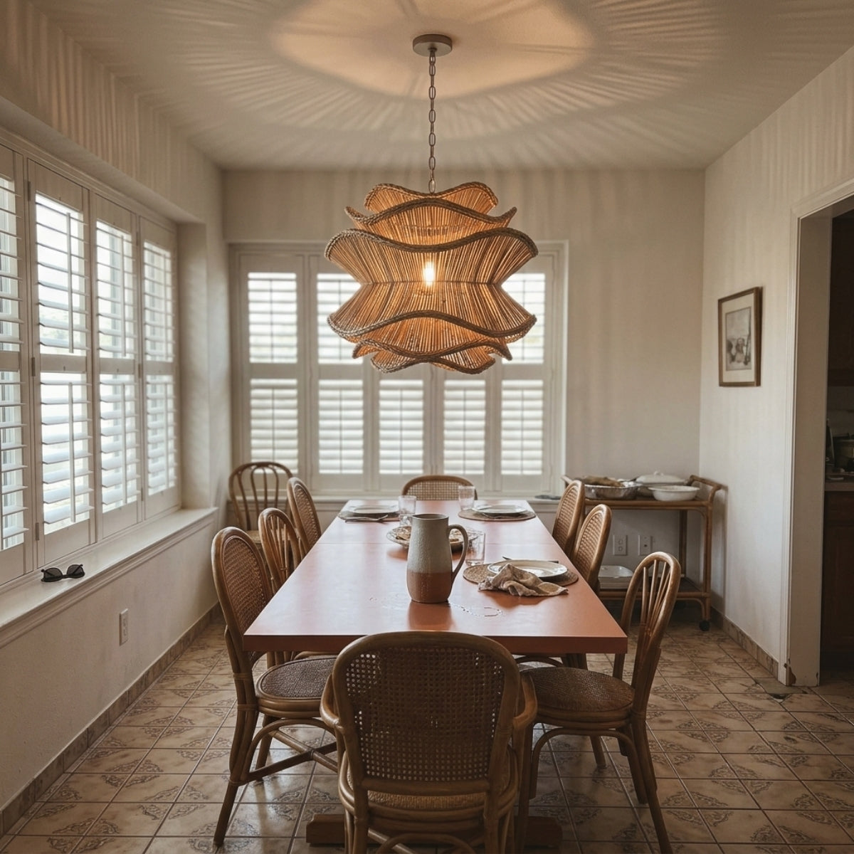 Alondra Rattan Wave Pendant Light in dining room, medium shade centered above the tabletop covering the surface without glaring into eyes