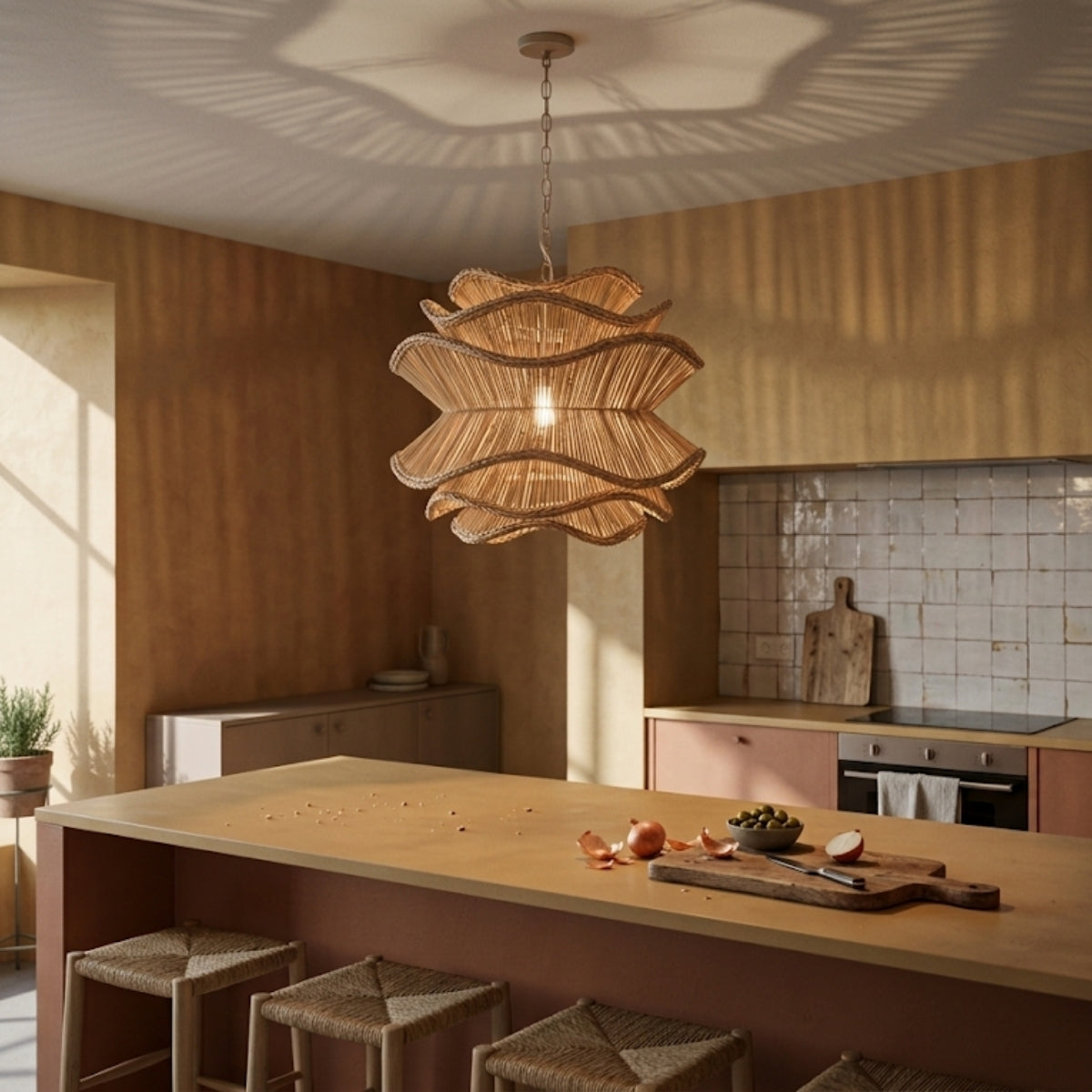 Alondra Rattan Wave Pendant Light over kitchen island, clustered shades spaced evenly so wave shadows overlap along the counter for prep work