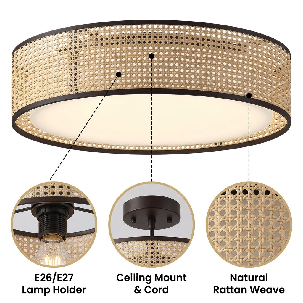 Alora Lyla Rattan Drum Flush Mount with dense wicker weave and fine perforations, natural matte finish, flush ceiling mount, single E26 socket, balanced diffused light
