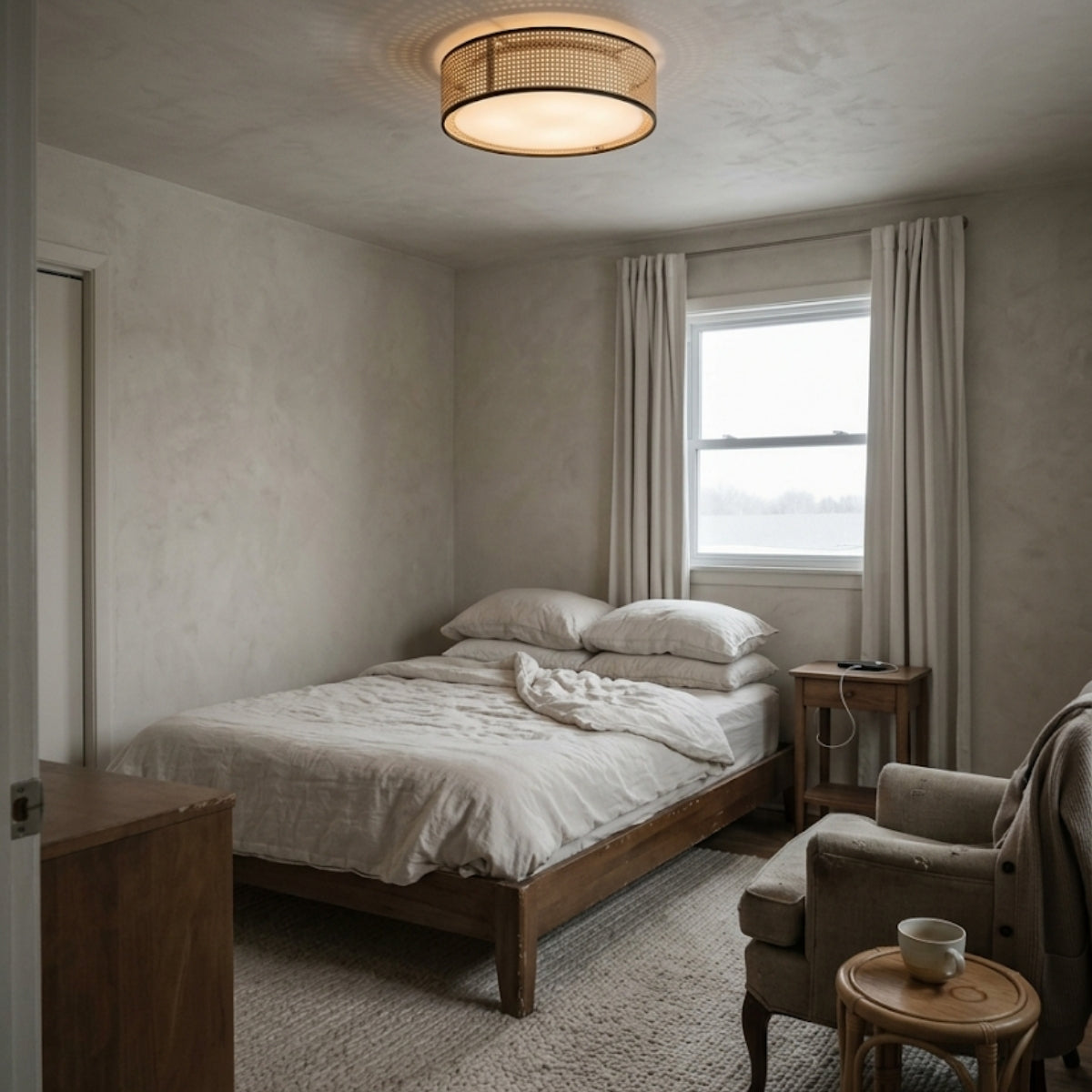 Alora Lyla Rattan Drum Flush Mount in bedroom, smallest drum replacing a nightstand lamp with flush profile clearing low ceilings on each side