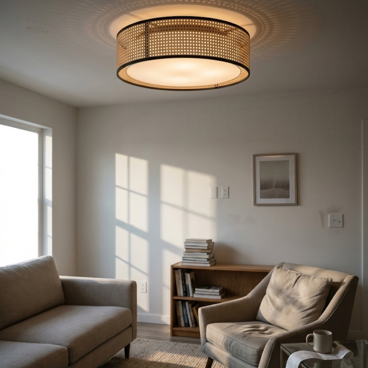 Alora Lyla Rattan Drum Flush Mount in living room, large drum reading as the centerpiece over the sofa and coffee table area