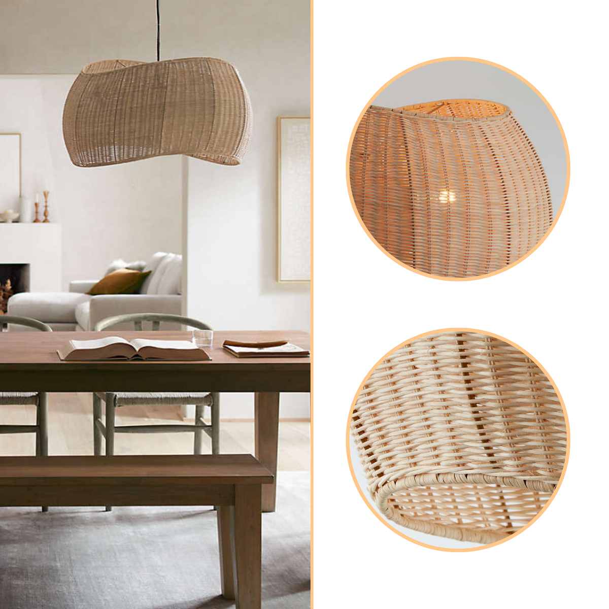 Althea Wicker Rattan Pendant Light with open wicker weave, natural matte finish, adjustable suspension mount, single E26 socket, delicate rippling shadow patterns and warm ambient glow