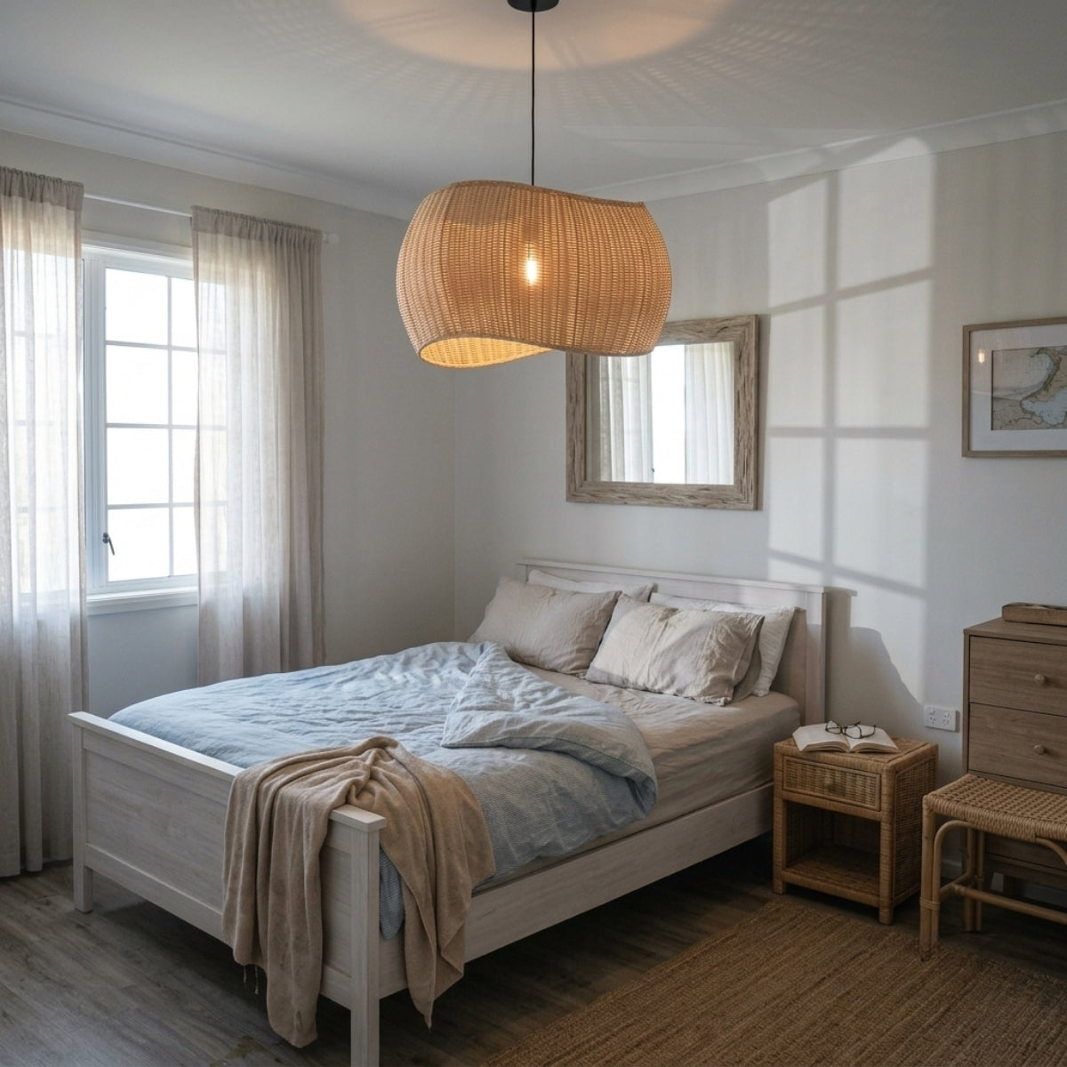 Althea Wicker Rattan Pendant Light in bedroom, wave shade replacing a table lamp beside the bed with open weave softening the light