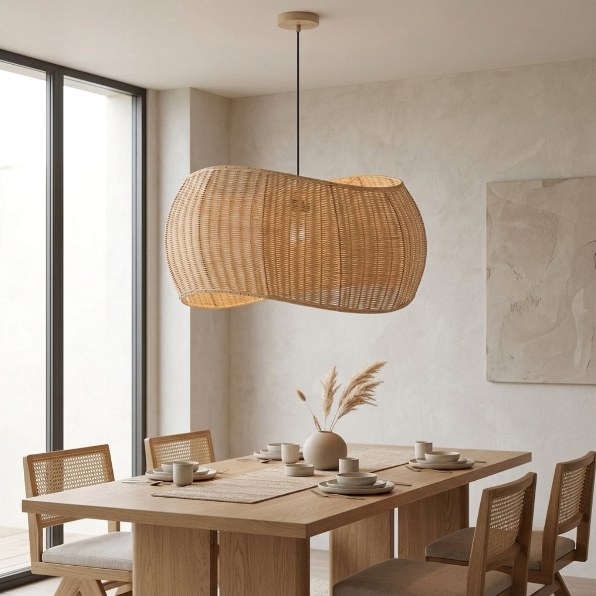 Althea Wicker Rattan Pendant Light in dining room, wide wave shade warming the tabletop below without glare across seated diners