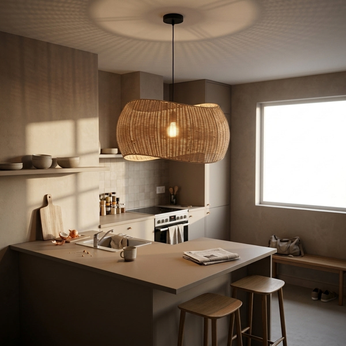 Althea Wicker Rattan Pendant Light over kitchen island, clustered shades centered over work zones spreading light evenly across the counter surface