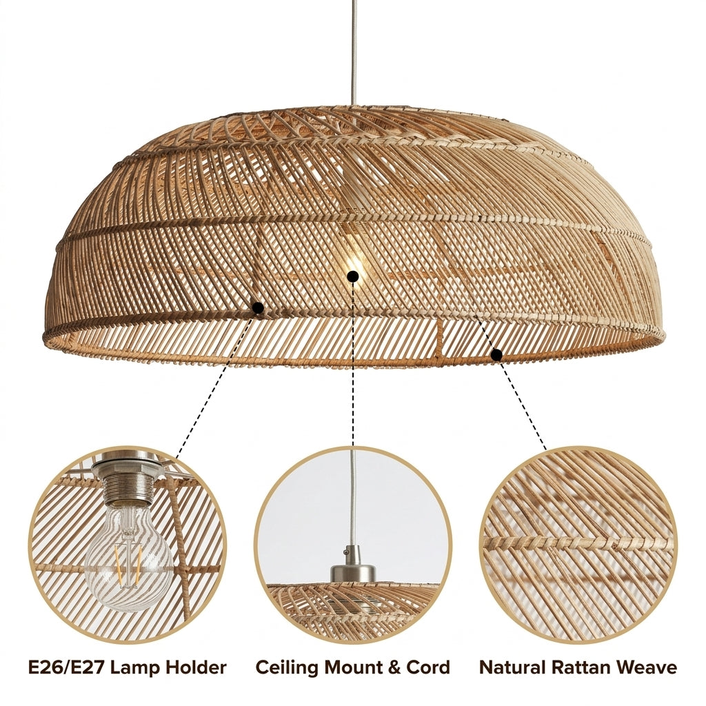 Amara Dome Rattan Woven Pendant Light with open lattice hand-woven strips, natural matte finish, adjustable suspension mount, single E26 socket, soft rippling ambient shadow