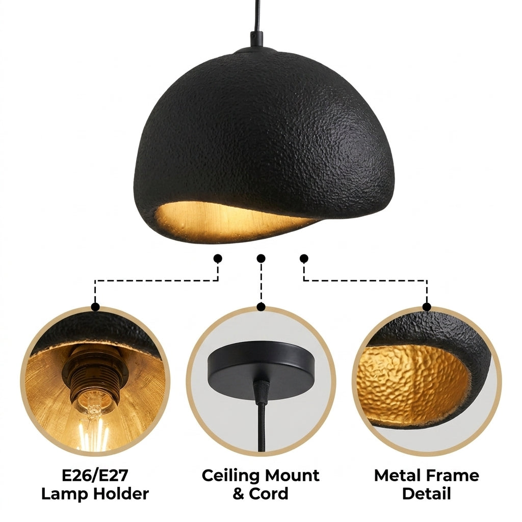 Amik Wabi Sabi Black Resin Pendant Light with hand-molded asymmetric organic texture, black matte finish, adjustable suspension mount, single E26 socket, soft organic shadow contours