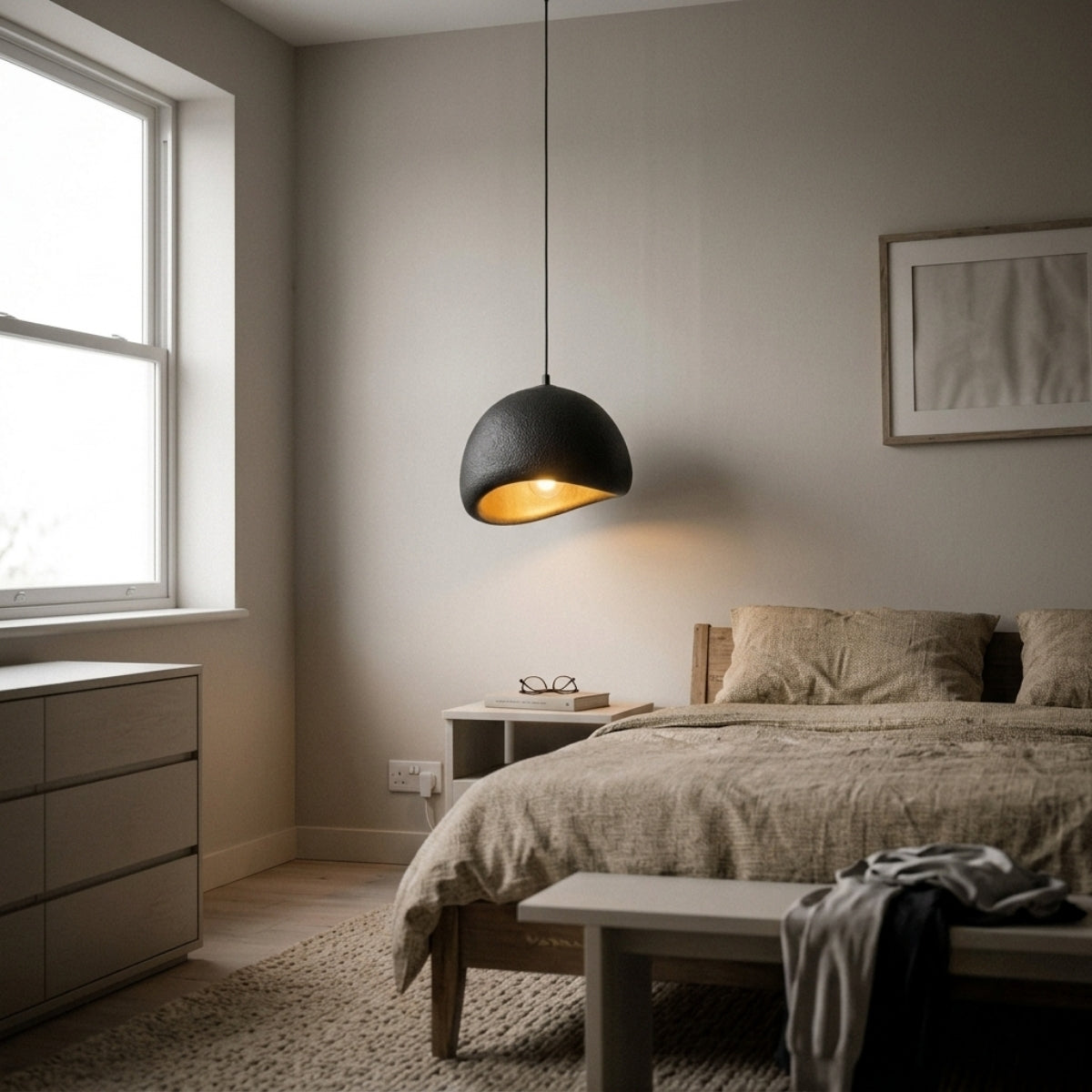 Amik Black Resin Pendant Light in bedroom, small dome replacing a table lamp with opaque shade pooling glare-free light for reading