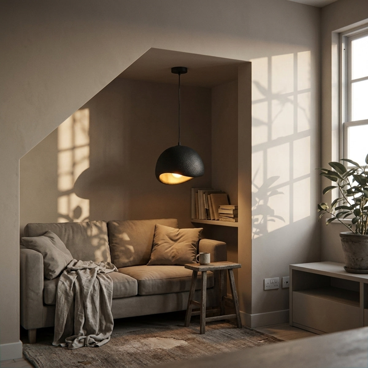 Amik Black Resin Pendant Light in living room, large dome anchoring the coffee table area beside the sofa clear of foot traffic