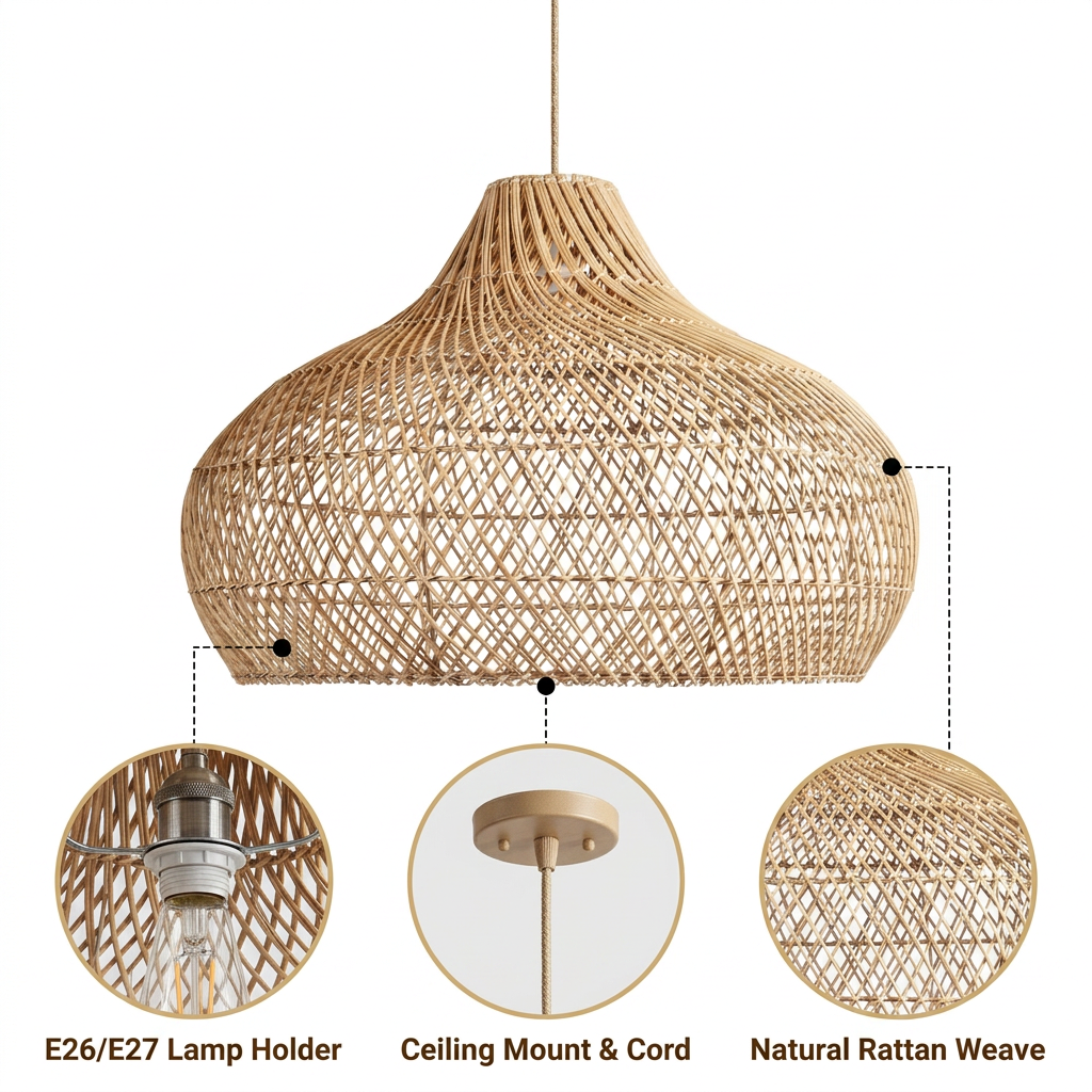 Anjani Dome Black Rattan Pendant Light with diamond crosshatch lattice weave, black matte finish, adjustable hardwired or plug-in mounting, one E26 socket casting warm ambient glow