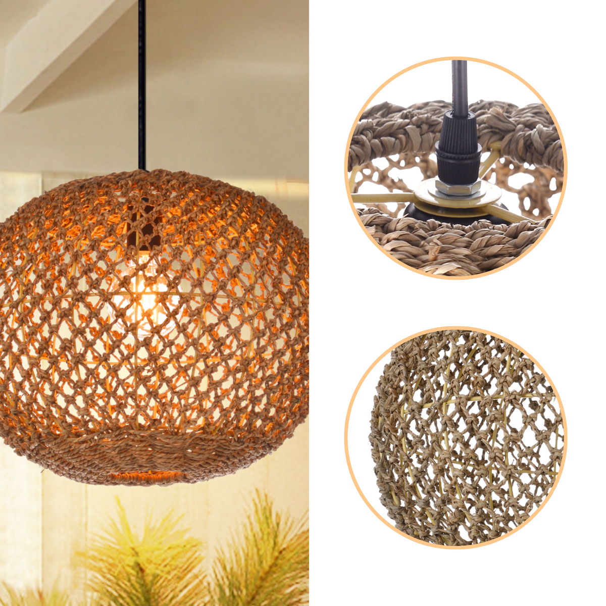 Antigua Flat Round Wicker Pendant Light with open jute wicker weave, natural matte finish, adjustable hardwired or plug-in mounting, one E26 socket for diffused ambient glow