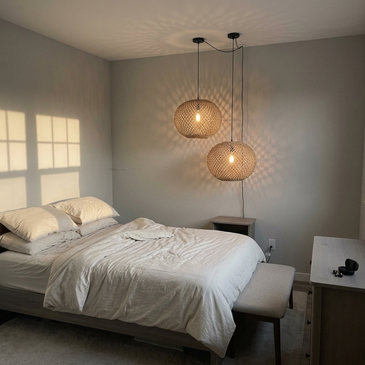 Antigua Flat Round Wicker Pendant Light in bedroom, compact shade replaces a table lamp beside the bed, jute weave keeping the glow soft for late evenings