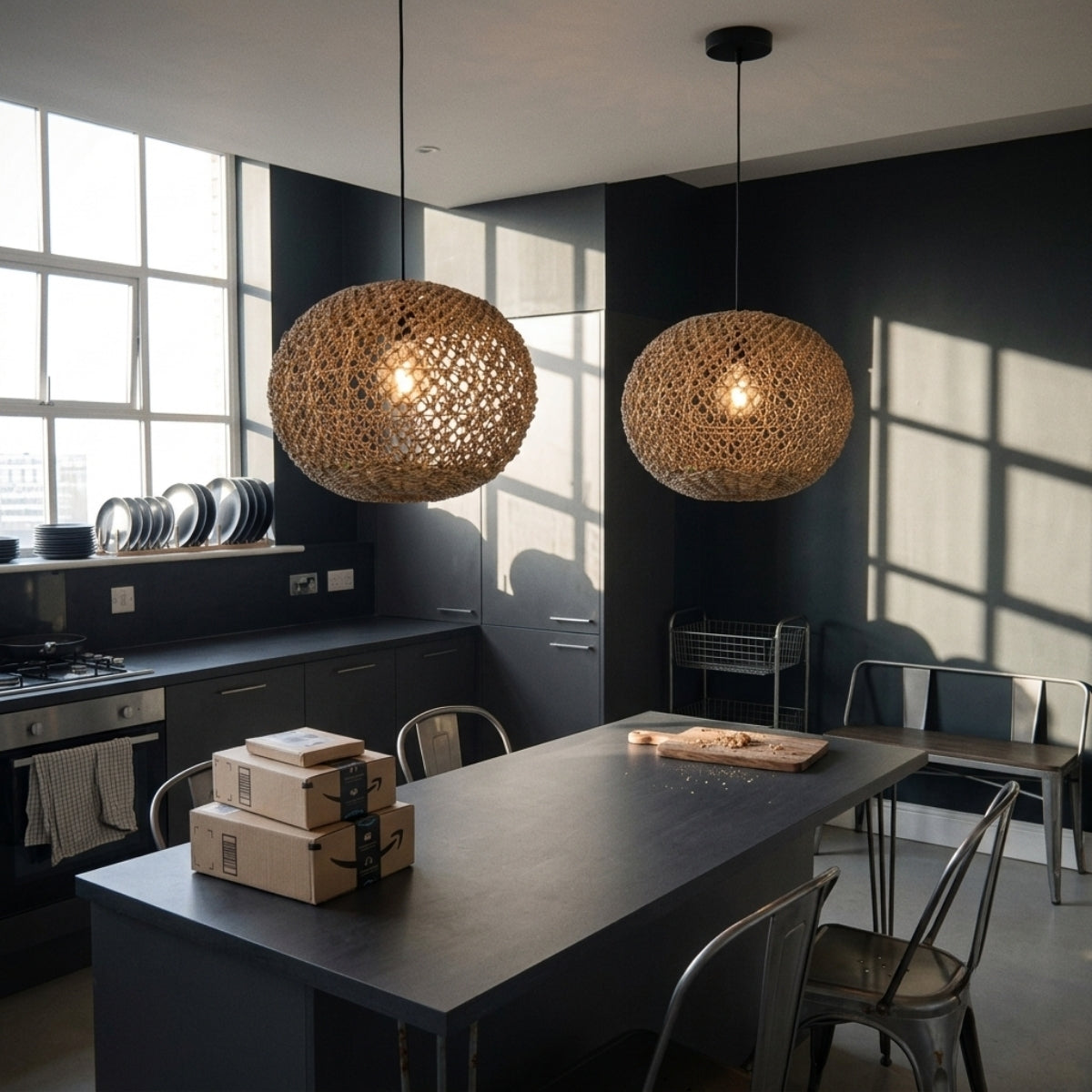 Antigua Flat Round Wicker Pendant Light over kitchen island, clustered small shades in a row, open jute weave lifting even brightness across the prep counter